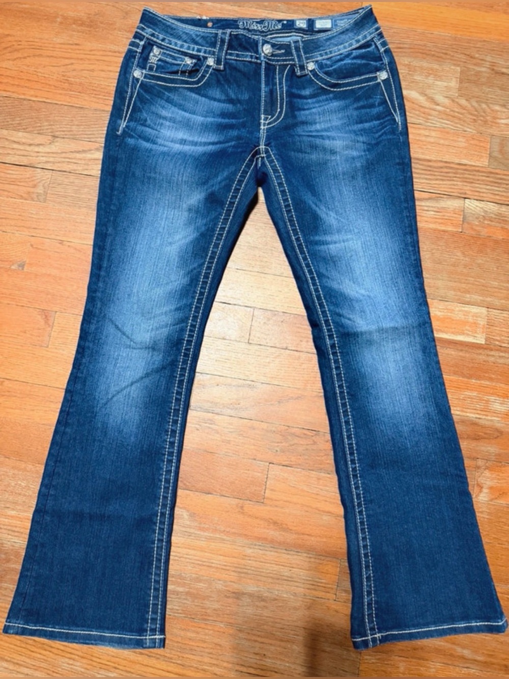 Y2K Miss Me Medium Wash Flare Jeans with Contrasting Stitch Fleur de Lis Pockets